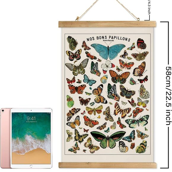 Vintage Butterfly Poster with Wooden Frame, Cottagecore Room Decor Aesthetic, Re - Picture 2 of 8